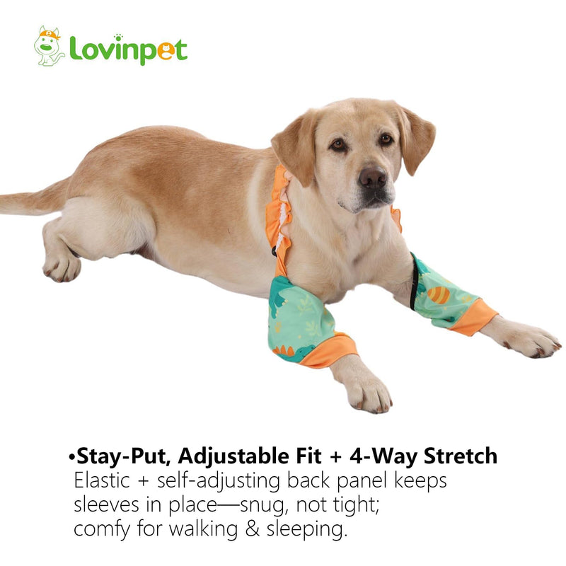 LovinPet Front Leg Sleeves for Medium and Large Dogs, 4-Way Stretch Elbow Protection, Anti-Lick Recovery, Warmth and Callus Prevention, Pair, Dinosaur Print, Orange Green,XXL Green Orange XX-Large