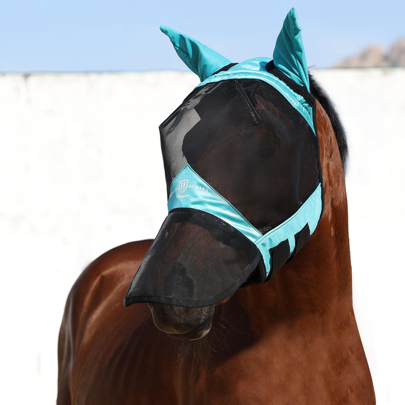 Harrison Howard Pro Luminous Horse Full Face Fly Mask Large Eye Space Long Nose with Ears UV Protection for Horse Teal L - BeesActive Australia