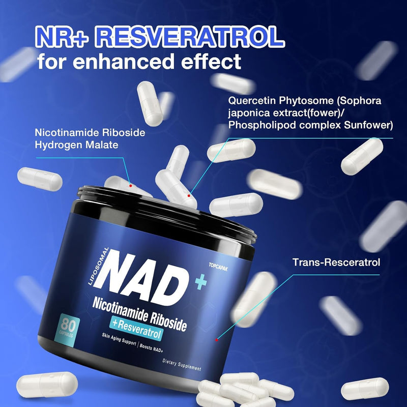 NAD+ Supplement - NAD Nicotinamide Riboside Resveratrol, Liposomal NAD+ Supplement 1000mg for for Women & Men - Healthy Aging, Brain and Cellular Energy, Non-GMO, 80 Capsules