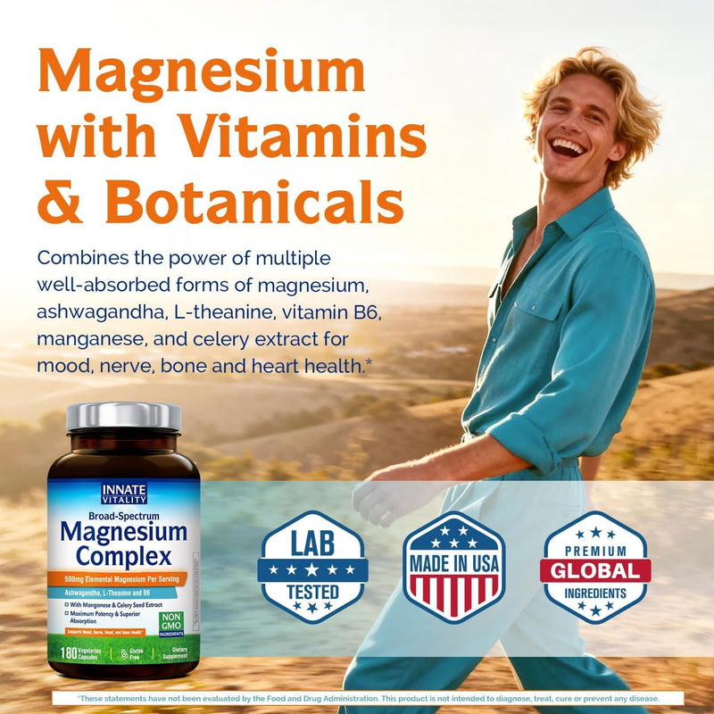 Innate Vitality Magnesium Supplement, 7-in-1 Magnesium Capsules with Vitamin B6, Ashwagandha, L-Theanine & Celery, Citrate and Glycinate, High Absorption, Vegan, Non-GMO (180 Count) 180 Count (Pack of 1)