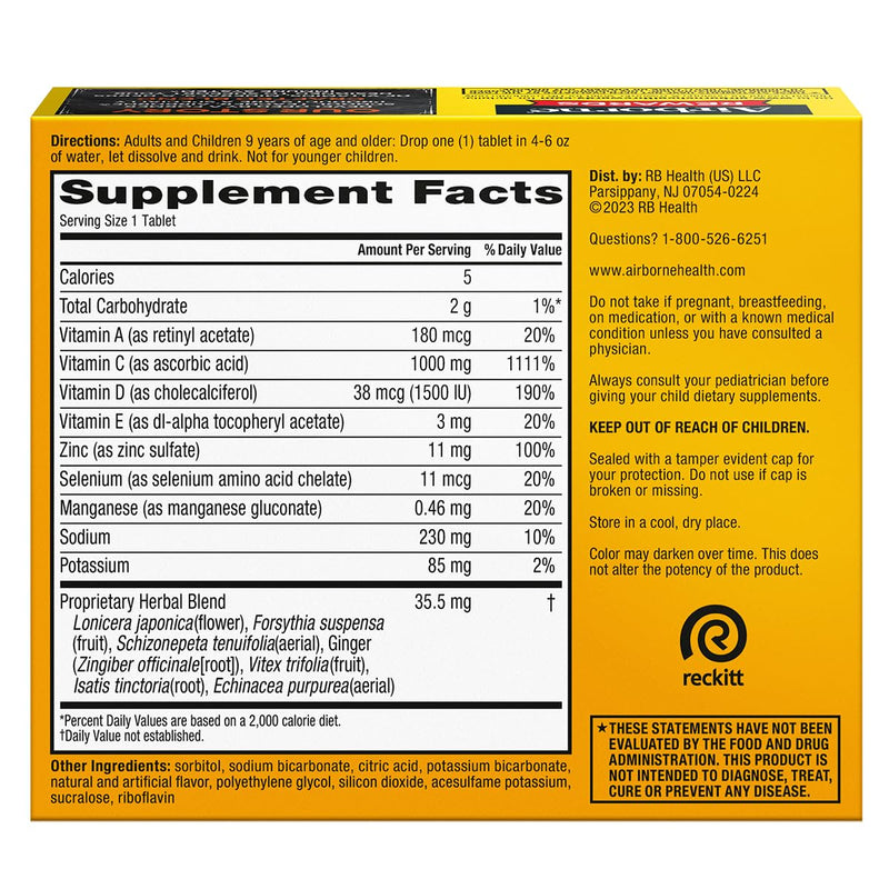 Airborne 1000mg Vitamin C + Zinc Sugar Free Multivitamin Immune Support Effervescent Fizzy Drink Tablets, Zesty Orange Flavor with Powerful Antioxidants Vitamins A C & E, 30 Tablets (2 Pack) 30 Count (Pack of 2)