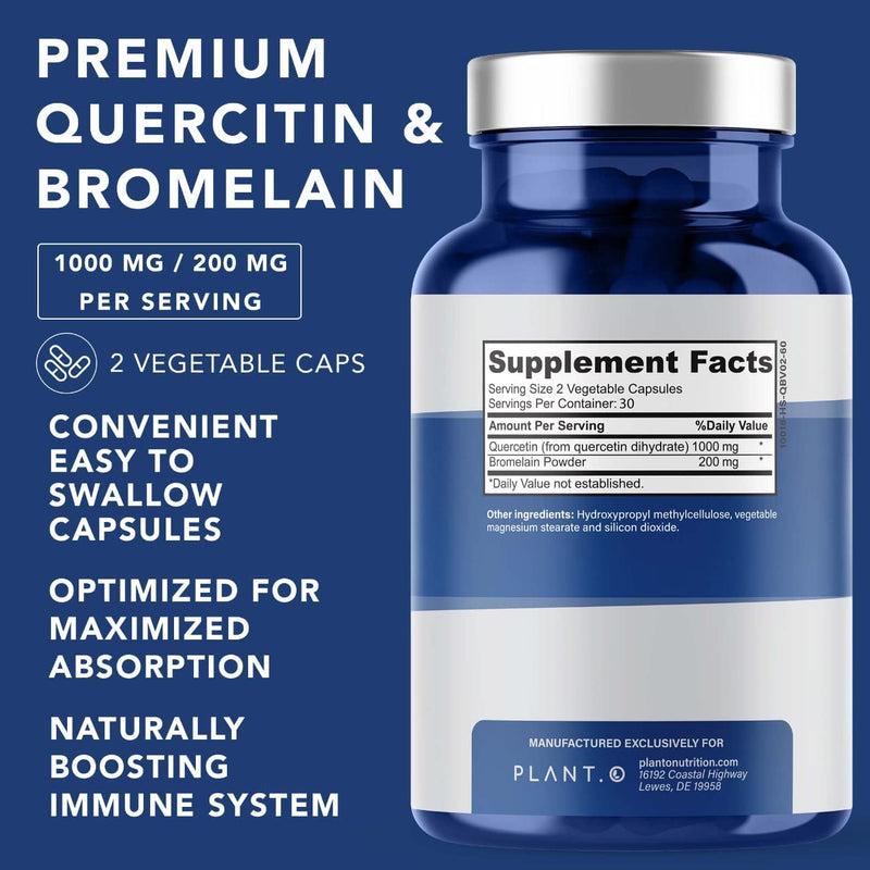 Quercetin with Bromelain Supplement ǀ Quercetin 1000mg Bromelain 200mg per Serving ǀ Support Immune & Respiratory System, Joints, Bruising ǀAll Natural 60 Veg Caps - BeesActive Australia