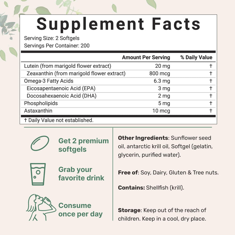 Micro Ingredients Lutein & Zeaxanthin 20mg Softgels, 400 Count, with Astaxanthin, Omega-3s, & Phospholipids | Eye + Vision Health Vitamins | Third Party Tested, Non-GMO, Gluten Free