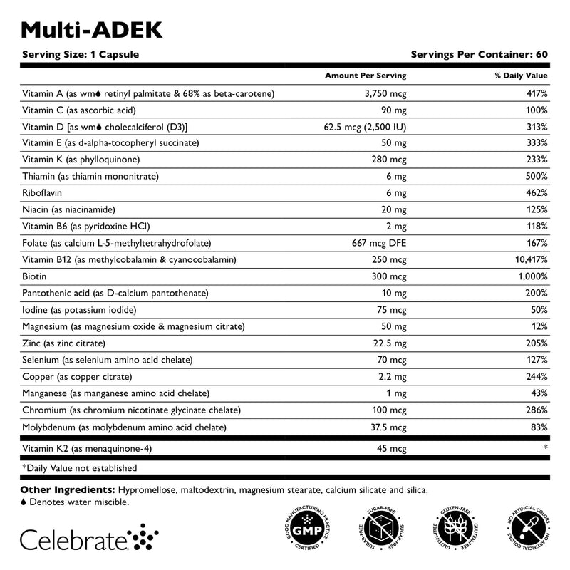 Celebrate Vitamins Multi-ADEK Iron Free Bariatric Multivitamin | 180 Veggie Capsules, 90-Day Supply, High Vitamins A, D, E & K for Duodenal Switch or SADI Routines 180 Count (Pack of 1)