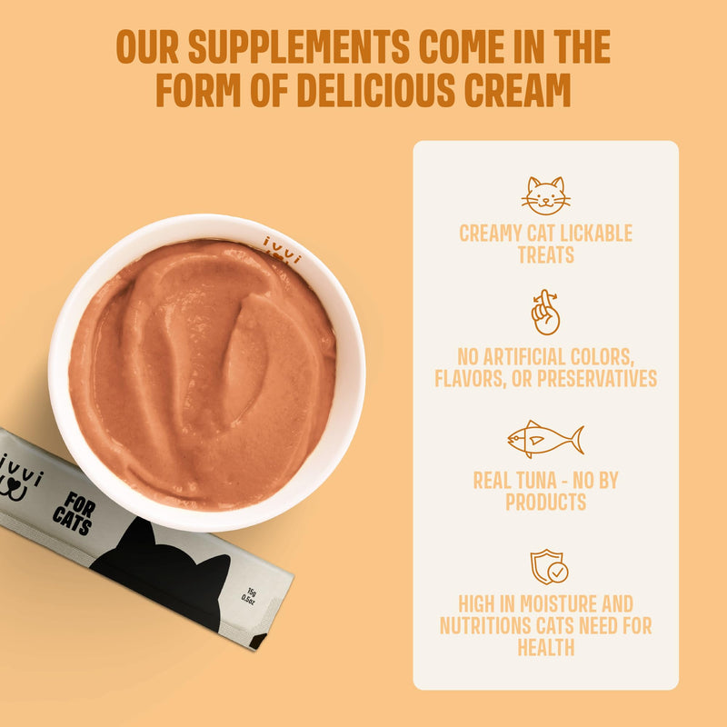 ivvi Skin & Coat for Cats – Functional Creamy Snack with Salmon Oil, Algae Oil, Zinc, Collagen & Biotin – Supports Skin and Fur Health – 30 x 0.53 oz Sachets – with Real Tuna