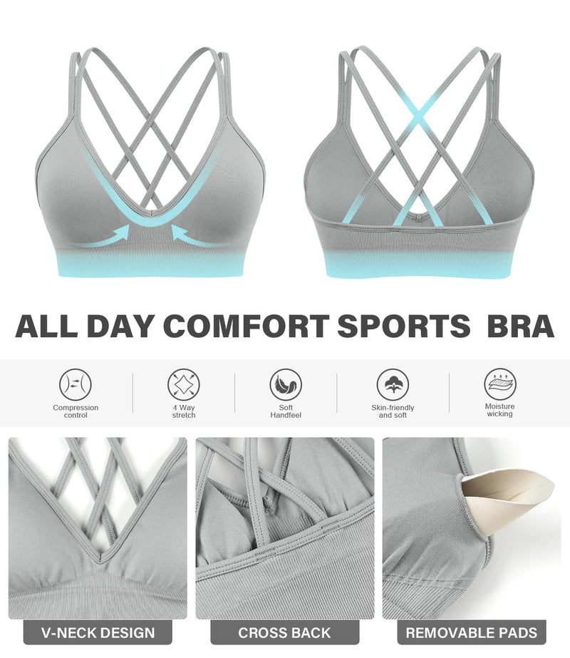 VEQING Seamless V-Neck Women Sports Bras, Padded Cross Back Wireless Low Impact Workout Yoga Bras for Small Chests, 3 Pack X-Large 3pack(black+white+gray)