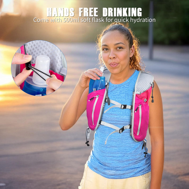 NONSAR Running Vest for Men Women, Running Vest Backpack, Lightweight Pack with 500ml Soft Flask, Adjustable Chest Straps and Reflective Running Hydration Vest for Running Hiking Cycling Camping Pink