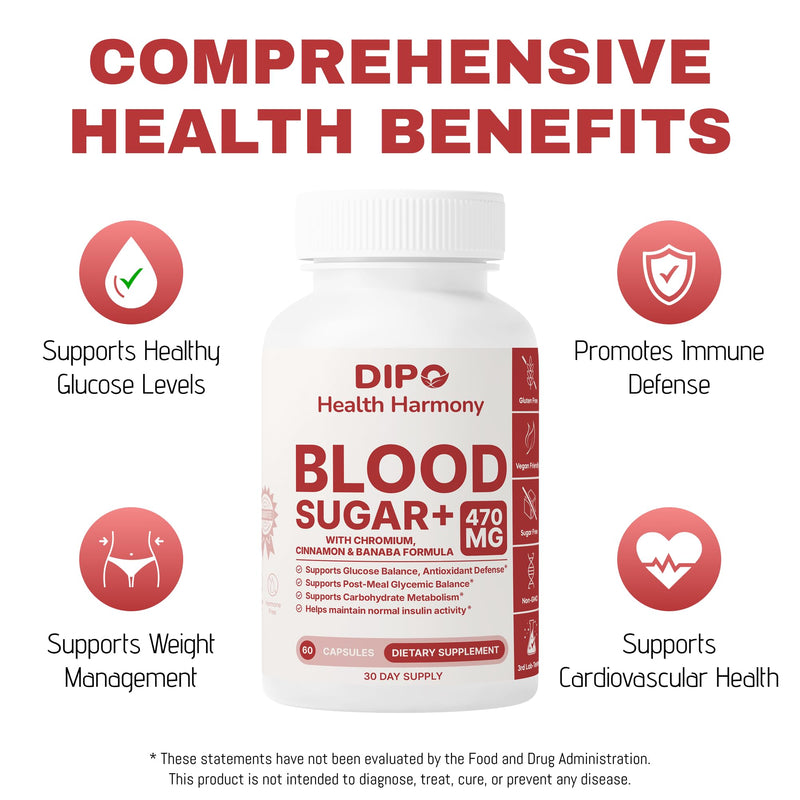 DIPO Blood Sugar Plus - Multi-Vitamin with Biotin, Chromium, Cinnamon, Banaba Extract & Alpha Lipoic Acid - Glucose & Carbohydrate Metabolism Support - 60 Vegan Capsules, Non-GMO