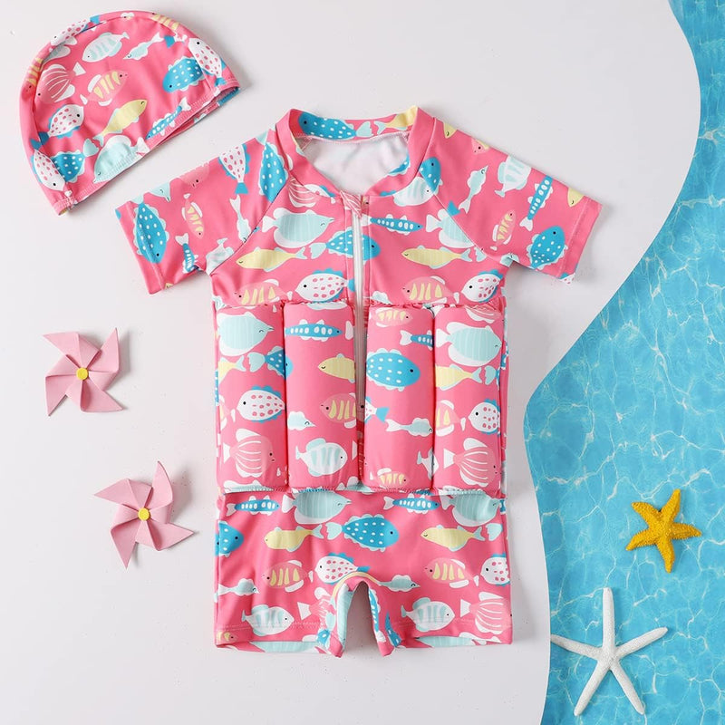 Baby Toddler Girls Boys Float Suit One Piece Rashguard Cartoon Short Sleeve Zip up Buoyancy Swimsuit +Cap 2-3T Pink