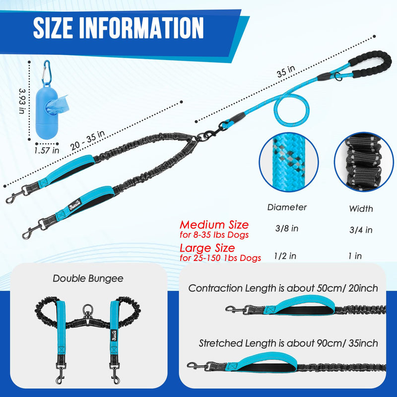 Lukovee Double Dog Leash, No Tangle 360° Swivel Heavy Duty Reflective Lead with Two Padded Handles Dual Dog Splitter, Comfortable Shock Absorbing Walking Training for Small Medium Large Dogs(Blue,M) M, 8-35lbs (Total ) A-Blue - BeesActive Australia