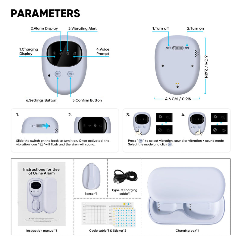 Bed Wetting Alarm for Boys and Girls - Wireless Pee Alarm with Magnetic Sensor, Sound Mode, and Strong Vibration for Kids, Adults, Elderly White