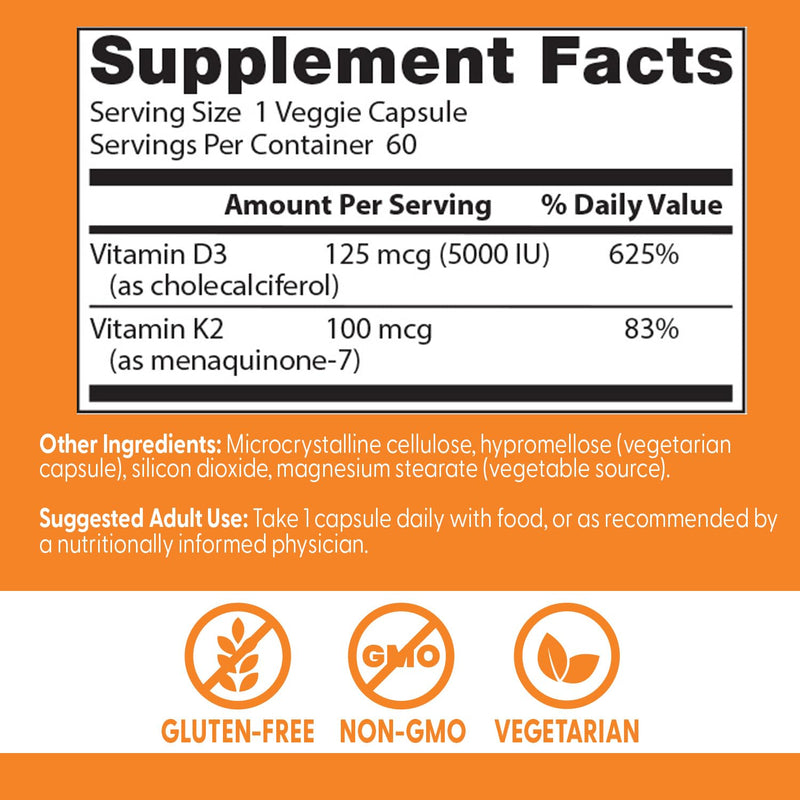 Doctor's Best Vitamin D3 and K2 Supplement for Men & Women - Vitamin D3 5000 IU + K2 as MK-7, Bone Health Support, Gluten Free, Non GMO, Vegetarian Capsules - 60 Veg Caps 60 Count (Pack of 1)
