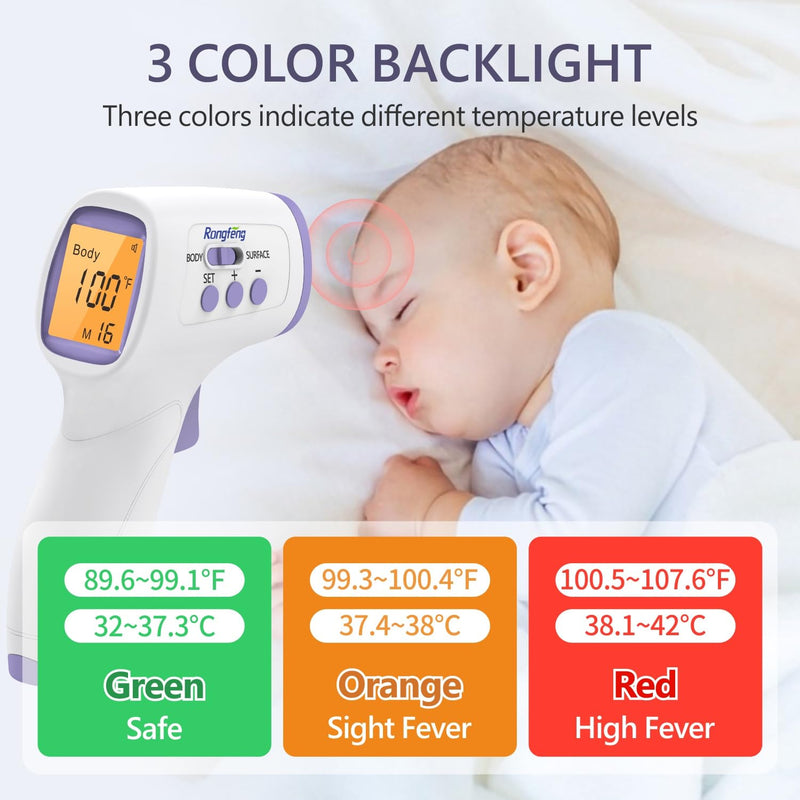 No-Touch Forehead Thermometer for Adults and Kids, Digital Thermometer with Fever Alarm, 3 Backlit and 32 Memories Fast Accurate Results, Easy for All Ages, Basal Thermometer Purple