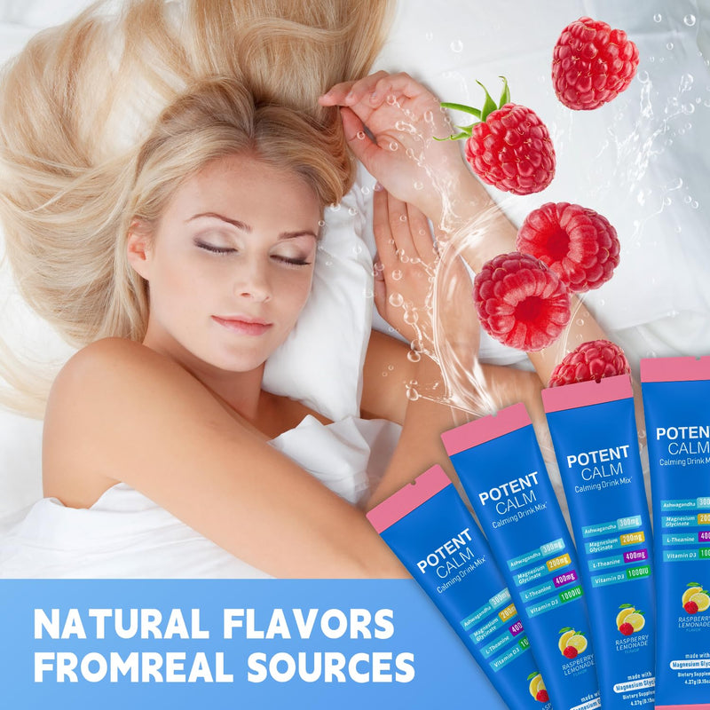 PotentCalm Super Cortisol Drink, Magnesium Glycinate Powder, L-theanine, Ashwagandha, Vitamin D, No Sugar, Raspberry Lemonade Electrolytes Powder - 30 Servings