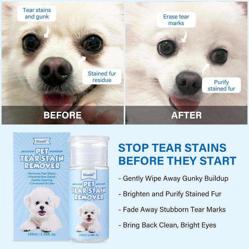 Natural Tear Stain Remover Liquid for Dogs and Cats – Gentle,Safe & Non-Irritating Formula Effective Cleans Pet Tear Stains Eye Debris, Discharge, Mucus Secretions