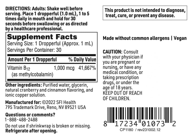 Klaire Labs SFI Health Vitamin B12 Liquid Drops 1mg, 30ml / 1 fl oz | Liquid Delivery for Efficient Absorption, Methyl B12 Drops, 1000mcg Active Methylcobalamin, Hypoallergenic