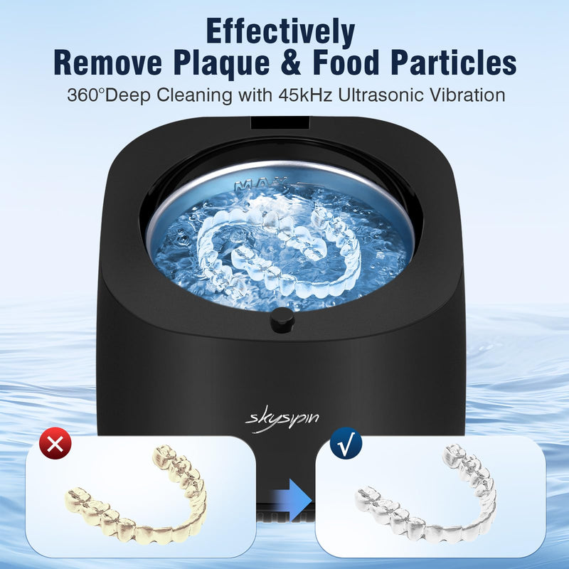 Ultrasonic Retainer Cleaner Machine U-V, 45KHz 2 Modes Quiet, Denture Aligner Cleaner Mouth Guard Dental Cleaning Ultrasonic for All Dental Appliances, Jewelry 6.8oz Black