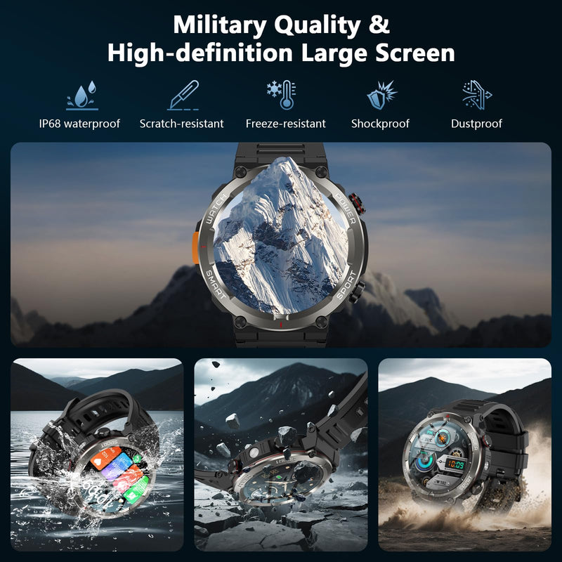 IOWODO Military Smart Watch for Men -100-Day Long Battery Life,Fitness Tracker with LED Flashlight/Compass,Heart Rate Monitor,120+ Sports Modes,IP68 Waterproof,Bluetooth Call Smartwatch for iOSAndroid - BeesActive Australia