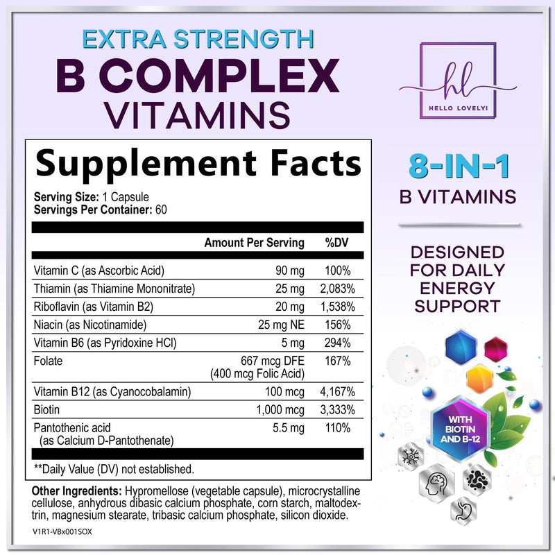 B Complex Vitamin Supplement - 3X Strength with Biotin, Vitamin C & Folic Acid - Super B12 Complex Vitamins for Energy, Supports Hair Growth, Immune Support for Women & Men, USA Bottled, 60 Capsules 60 Count (Pack of 1)