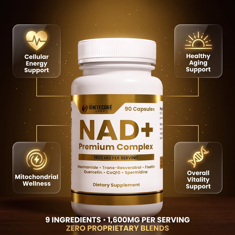 NAD+ Premium Complex 1600mg | Niacinamide Fisetin Quercetin Trans-Resveratrol CoQ10 Spermidine | Longevity Supplement Cellular Energy Healthy Aging Support | Vegan Non-GMO Gluten Free | 90 Capsules