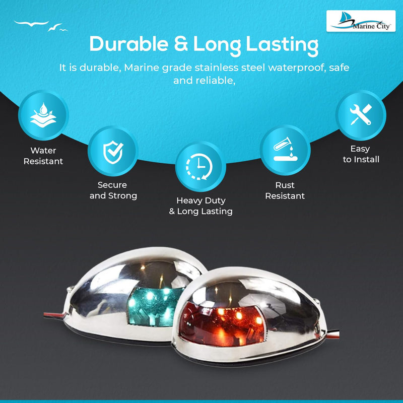 MARINE CITY LED Navigation Side Lights – Stainless Steel, Corrosion-Resistant, Waterproof, 3-3/16 Inches Length, Red & Green Bow/Stern Lights for Pontoon, Yacht & Boats (1 Set) - BeesActive Australia