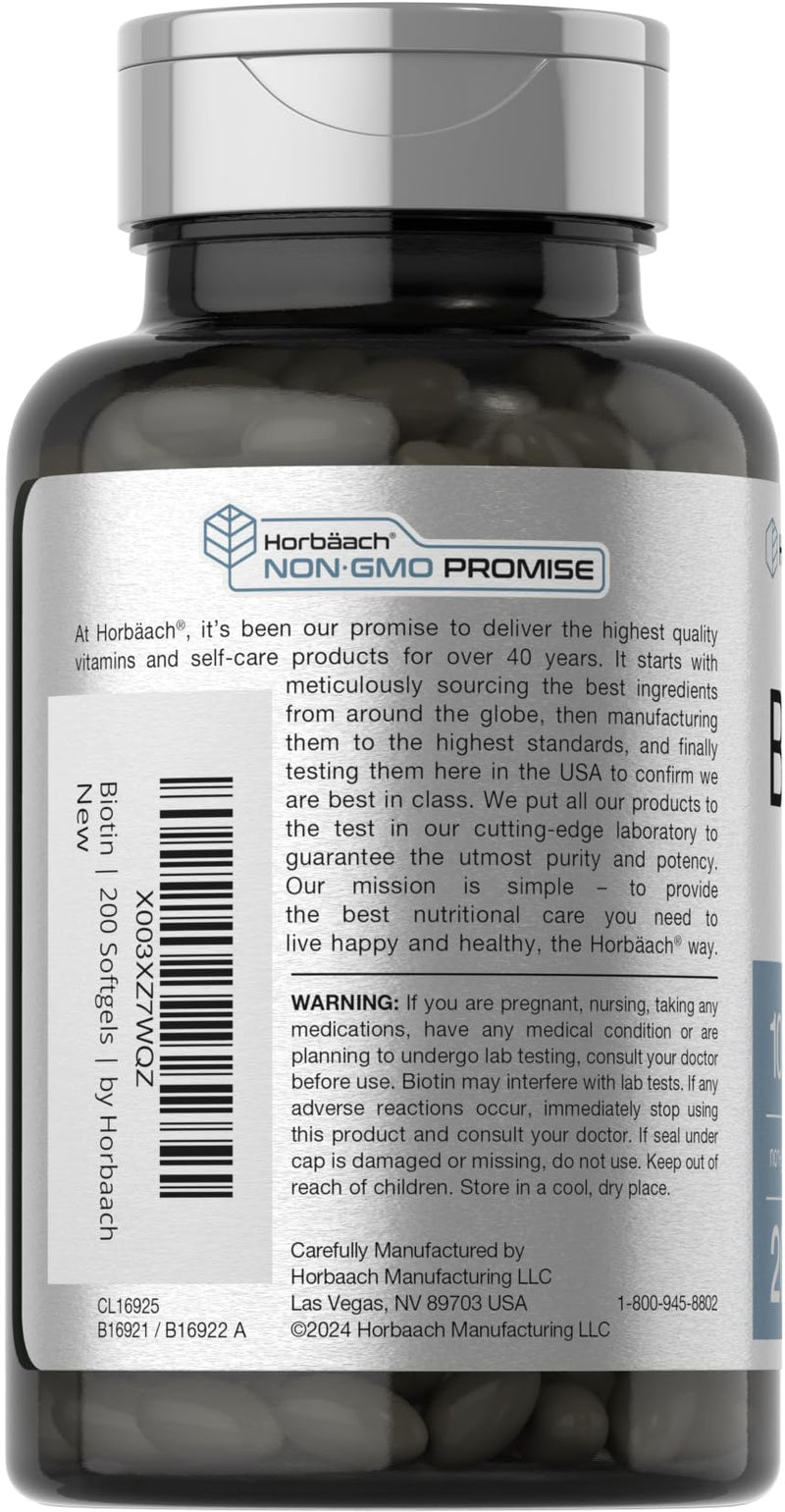 Horbäach Biotin 10000 mcg | 200 Softgels with Vitamin B7 | Beauty Formula Supplement | Non-GMO & Gluten Free