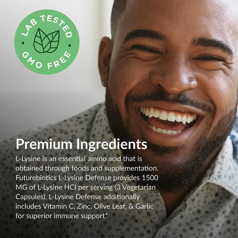 Futurebiotics L-Lysine Defense Immune Support Complex 1500 MG Per Serving with Vitamin C, Zinc, Olive Leaf & Garlic - Non-GMO, 90 Vegetarian Capsules 90 Count (Pack of 1)