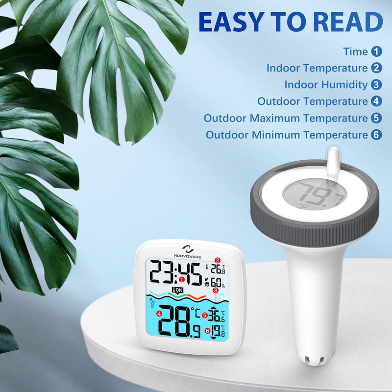 Nuovoware Digital Floating Pool Thermometer, Wireless Thermometer with Easy Read Screen Display, Remote Water IPX8 Waterproof for Swimming Pools, Fish Tank, Hot Tub White