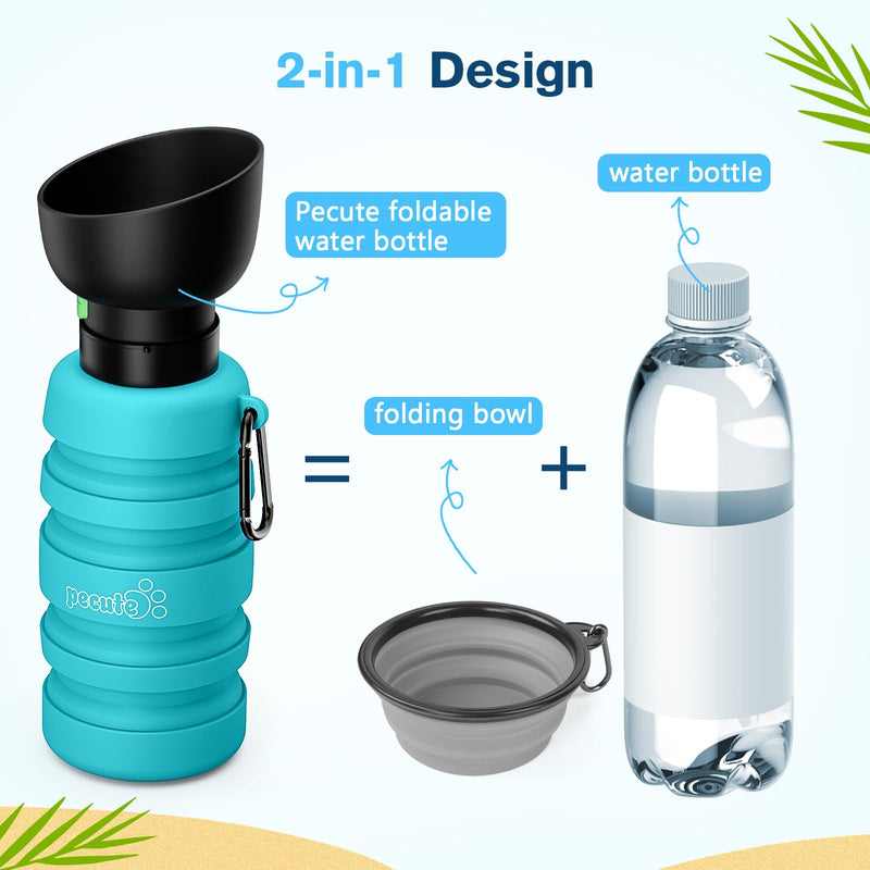 Pecute Dog Water Bottle Portable, 29oz Dog Foldable Water Bottle with Folding Bowl, Carabiner Clip, 5 Levels Capacity, 100% Food Grade Silicone, Dog Water Bottle for Outdoor Walking, Hiking, Travel Light Blue - BeesActive Australia