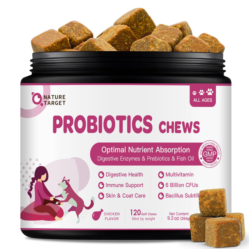 NATURE TARGET Probiotics for Dogs, 120 Freeze Dried Bites Bundle with 120 Soft Chews