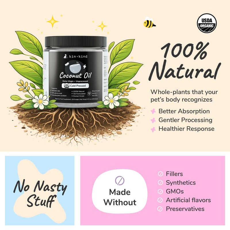 kin+kind Organic Coconut Oil Pet Supplement for Dogs and Cats - Cold Pressed Extra Virgin Coconut Oil - Itchy Skin, Dry Cracked Noses & Dry Skin Treatment - Made in USA - 16 fl oz (Large)