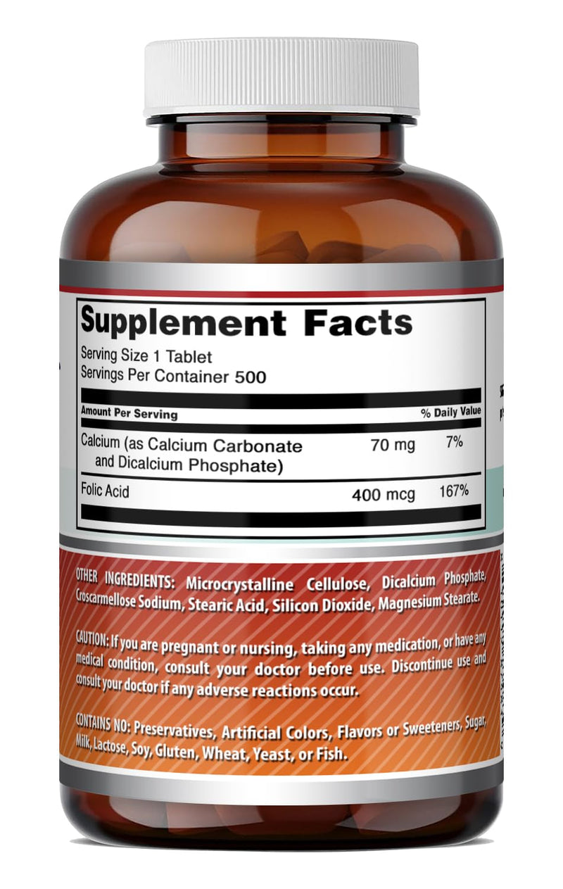 Amazing Formulas Folic Acid (Vitamin B9) 400 mcg | Tablets Supplement | Non-GMO | Gluten Free | Made in USA (1 Pack, 500 Count) 500 Count (Pack of 1)