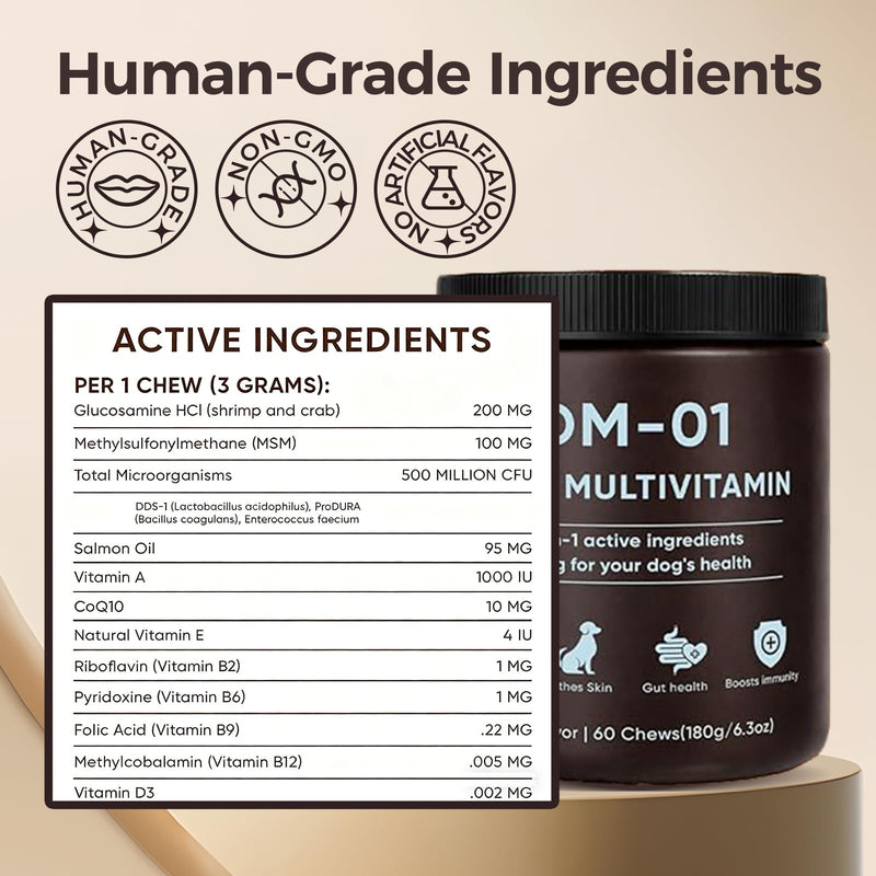 DM-01 Daily Multivitamin for Dogs, Multivitamin Itch Relief Chews Contain Glucosamine Probiotics Salmon Oil for Skin Coat, Gut & Immune Supports, 60 Chews (1) 1