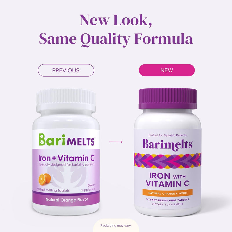 Barimelts Iron with Vitamin C, 180 Fast-Dissolving Tablets (2-Month Supply), Sugar-Free Bariatric Iron Supplement for Women, Natural Orange Flavor 90 Count (Pack of 2)
