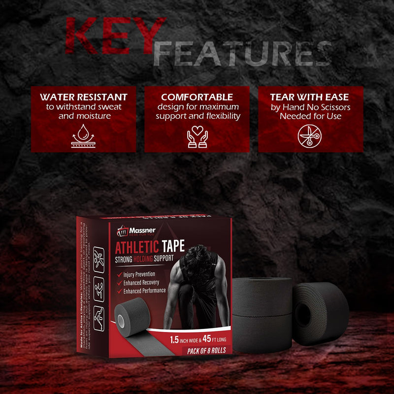 Athletic Tape Black 1.5" x 45ft Per Roll (360ft Total) Pack of 8 – Strong Sports Tape for Wrists, Ankles & Hands – Latex-Free Gym Tape for Training, Football, Running & Weightlifting Recovery - BeesActive Australia