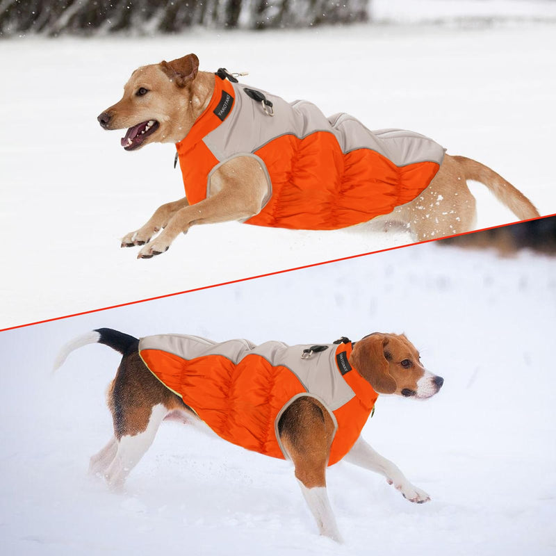 Dog Coat, Dog Jacket Upgraded Sturdy Built-in Harness, Elastic and Tightenable High Collar Dog Clothes, Anti Scratch Zipper and Highly Visible Reflective Dog Winter Coat for Small Medium Large Dogs Orange XX-Large(chest:26in) - BeesActive Australia