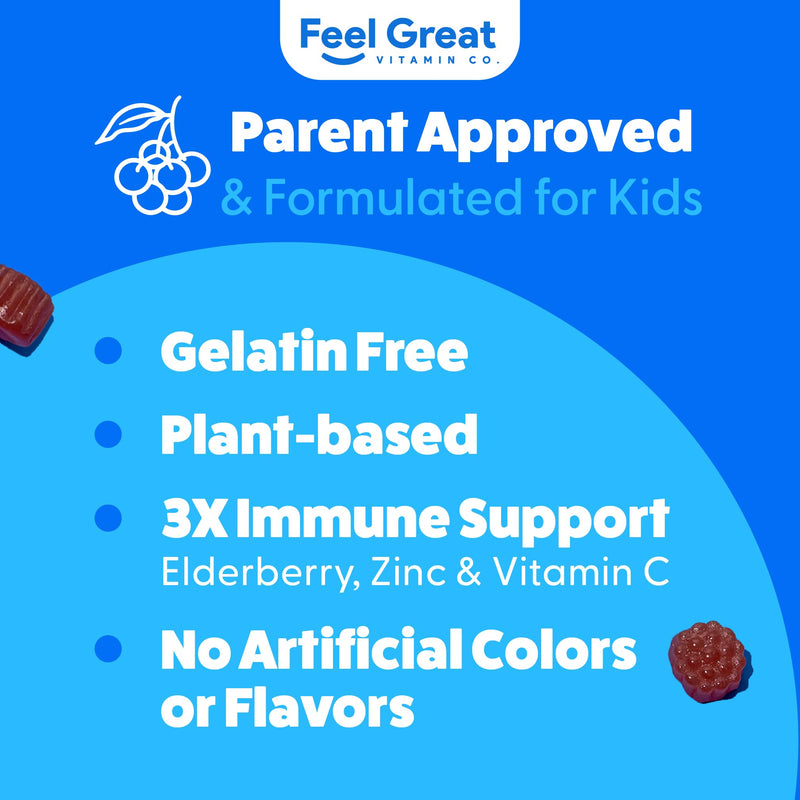 Feel Great Kids Elderberry Gummies, Vitamin C & Zinc, Immune, 90ct, 2 Pack | Triple Immune Support Formula, Vitamin C & Zinc, Vegan Elderberry Gummy for Winter Wellness 90 Count - 2 Pack