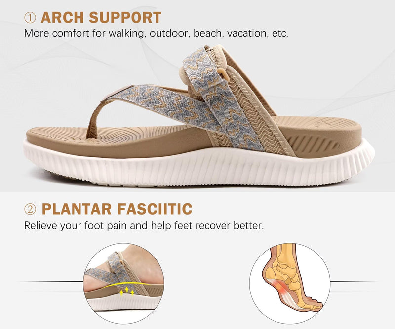 KuaiLu Womens Arch Support Flip Flops & Sandals Thick Athletic Cushion 7 Beige