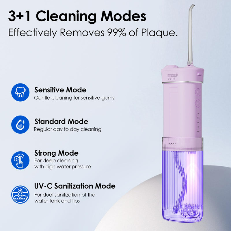 Portable Water Flosser Cordless for Travel-Rechargeable Power Dental Flossers for Braces＆Stonsil Stones-Mini Tooth Cleaner with UVC Sterilization,IPX7 Waterproof (D0040-Pink) Pink