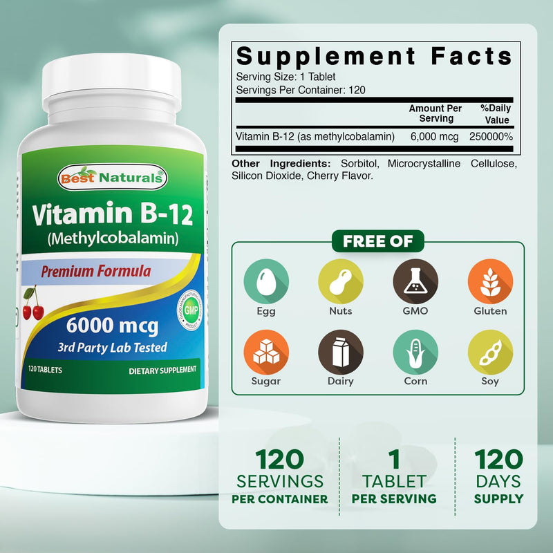 Best Naturals Vitamin B-12 as Methylcobalamin (Methyl B12), 6000 mcg 120 Sublingual Tablets (120 Count (Pack of 3)) Cherry 120 Count (Pack of 3)