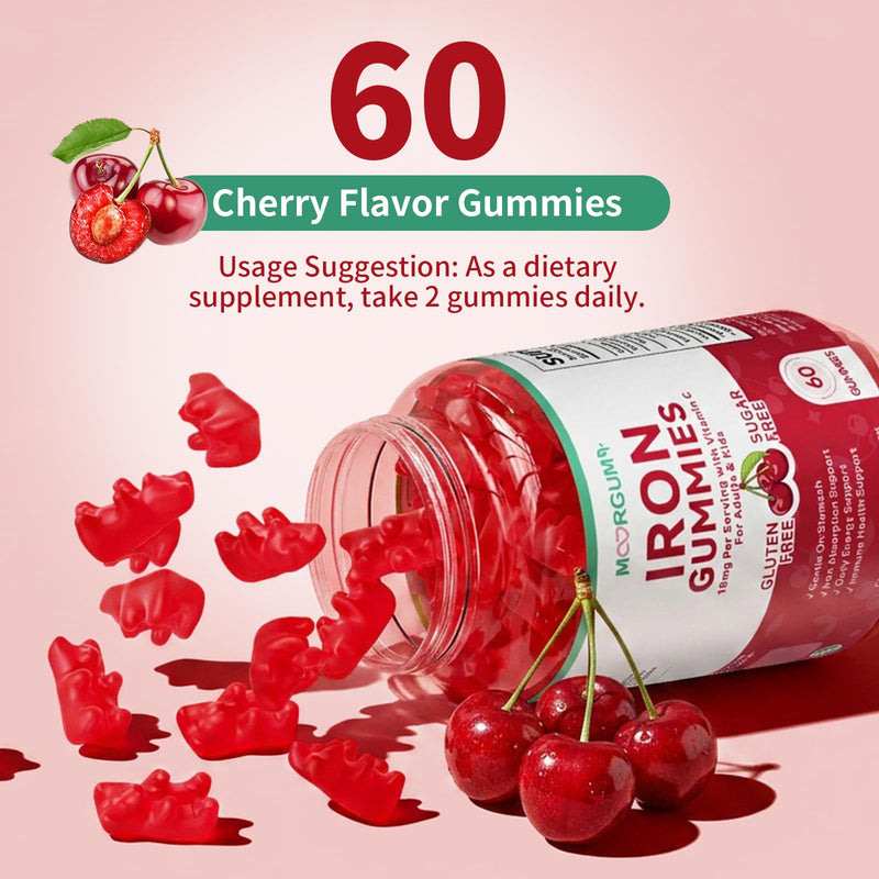 Iron Gummies with Vitamin C, High Absorption 18mg Iron Supplements for Adults & Kids, Blood Builder & Energy Support for Women and Men, Gentle on Stomach, Cherry Flavor, 60 Count