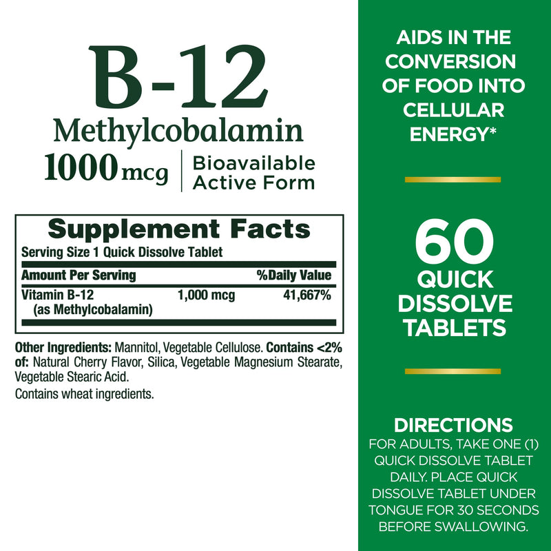Nature's Bounty Vitamin B-12 Quick Dissolve Tablets, 1000mcg, Aids in the Conversion of Food into Cellular Energy, Cherry Flavor, 60ct 60 Count (Pack of 1)