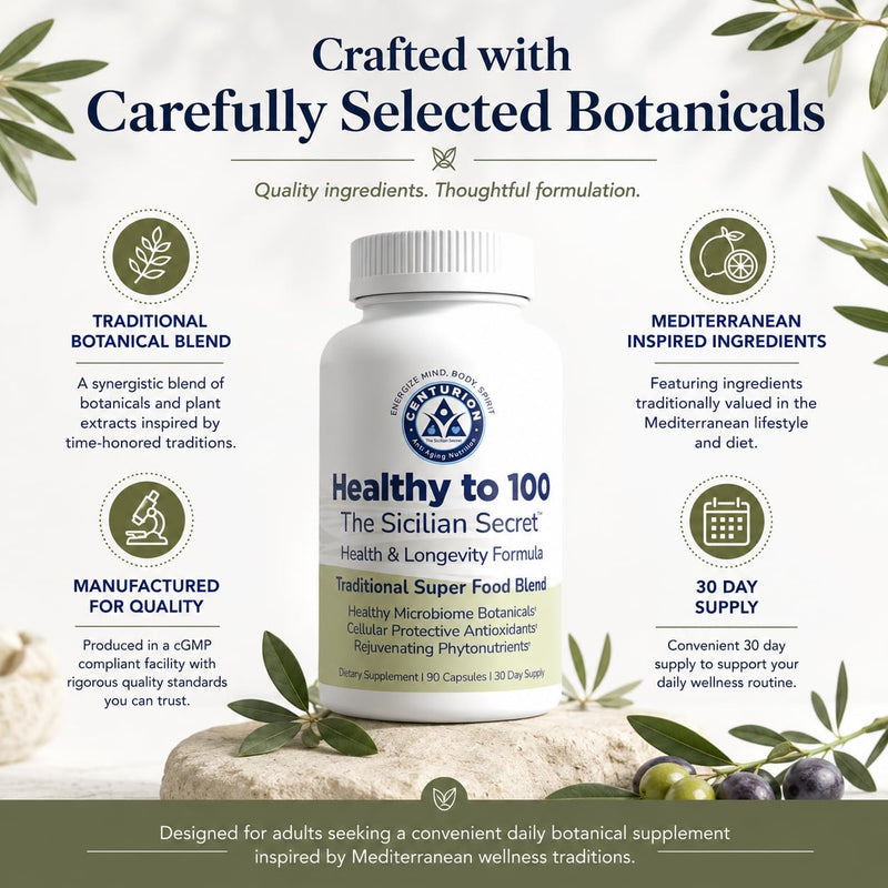 Centurion Healthy to 100 | Mediterranean Superfood & Antioxidant Blend | Bergamot, Resveratrol, Pomegranate, Olive Leaf & Lycopene | Daily Wellness & Healthy Aging Support | 90 Capsules