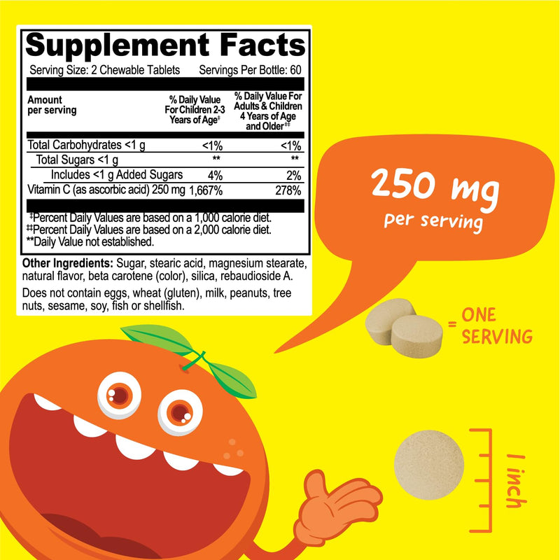VitaWorks Kids Vitamin C Chewable Tablets | 250 mg | Great Tasting, Naturally Sourced Orange Flavor | Vegan, Non GMO, Gluten Free, Vitamins | for Immune Support | for Children | 120 Chewables
