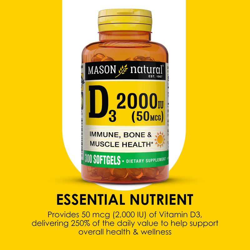 MASON NATURAL Vitamin D3 2,000 IU Ultra Strength, Supports Bone Density, Strength & Immune Health, 300 Softgels 300 Count (Pack of 1) 2000 IU