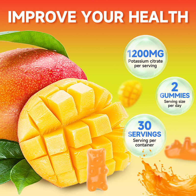 Potassium Citrate Gummies, High Potassium Supplement Gummies 1200mg Support Leg Cramps & Muscle Health, Potassium Gummies for Adults & Kids, Vegan, Mango Flavor 120 Count 120 Count (Pack of 1) - BeesActive Australia