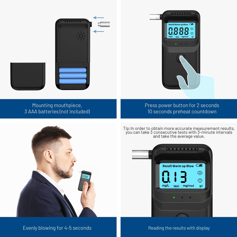 Breathalyzer,Portable Breathalyzer for Alcohol Tests Fast-High-Accuracy Alcohol Breathalyzer Tester with LCD Display and 10Pcs Reusable Mouthpieces for Personal&Professional Use - BeesActive Australia