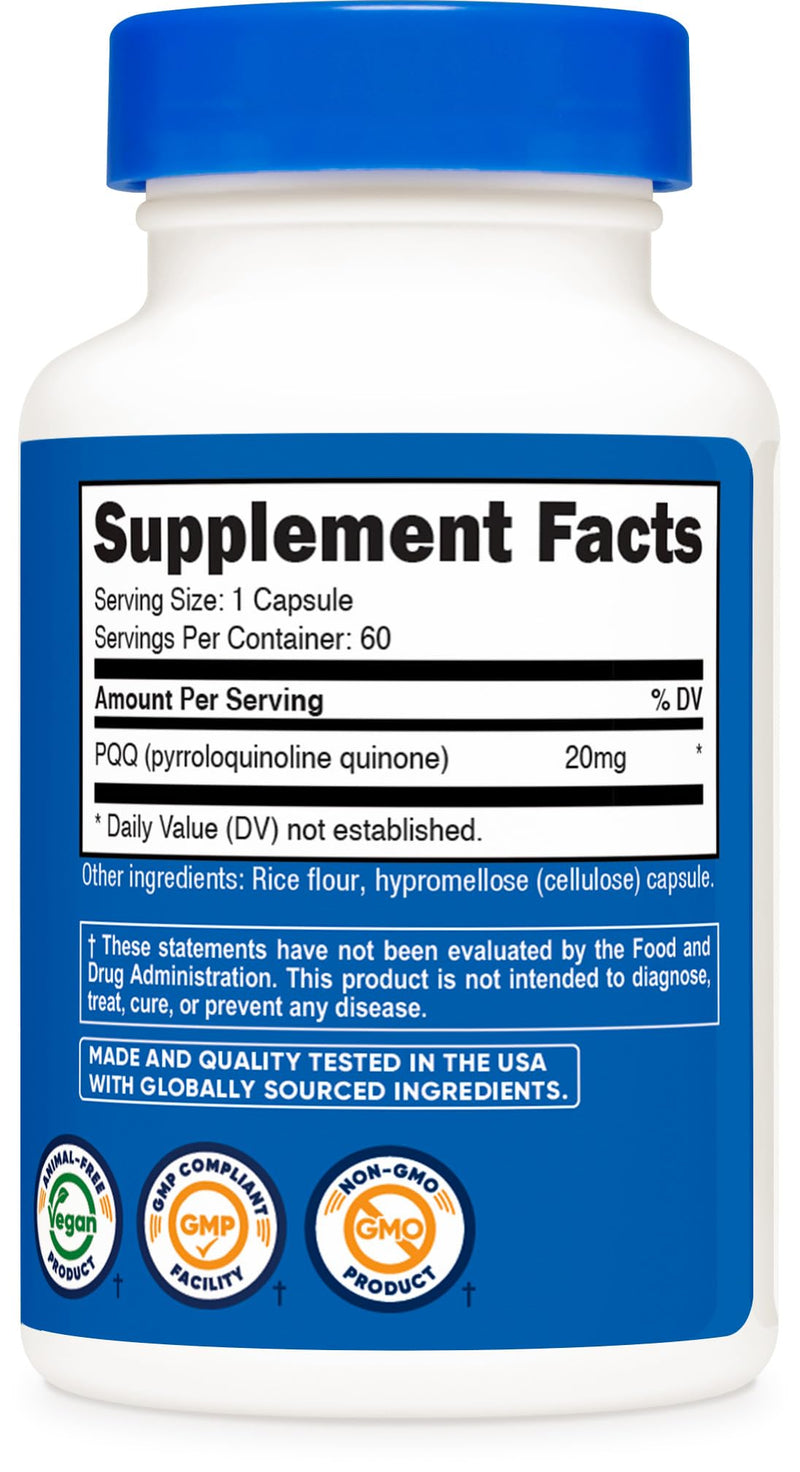Nutricost PQQ (Pyrroloquinoline Quinone) 20mg, 60 Capsules - Vegetarian Capsules, Non-GMO, Gluten Free (Pack of 2) 60 Count (Pack of 2)