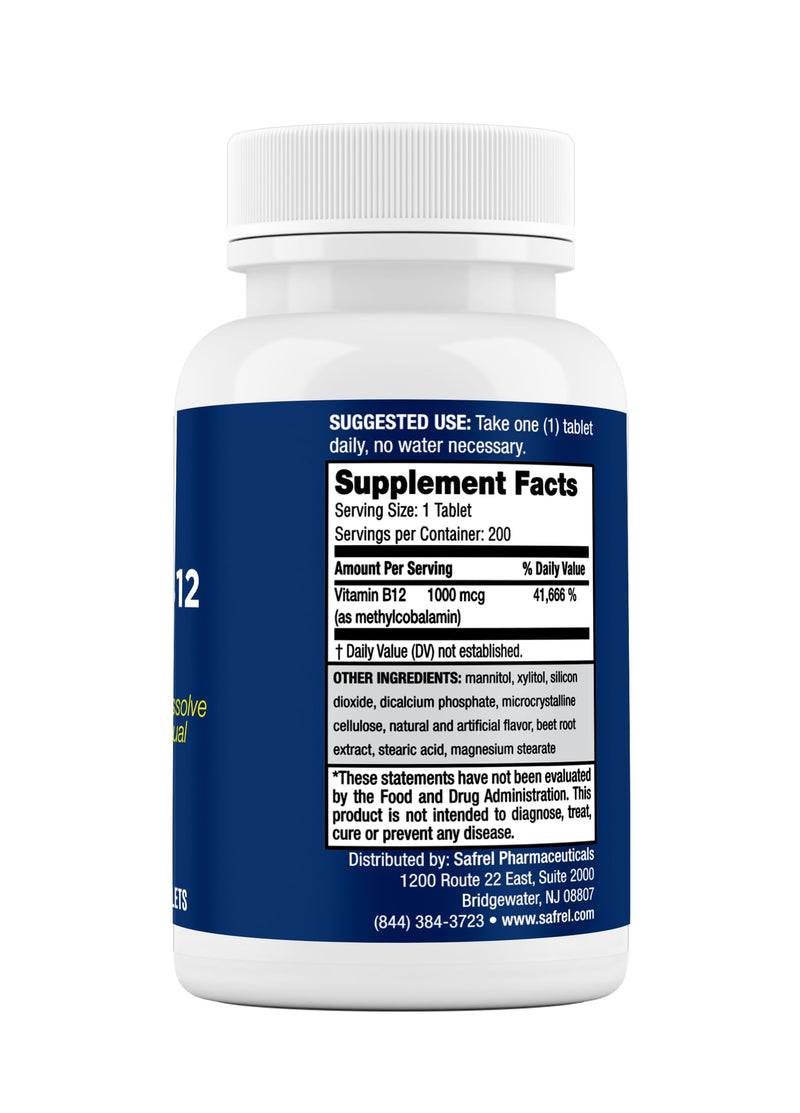 Safrel | Vitamin B12 Methylcobalamin | 1000 mcg | Fast Dissolve Tablets | 200 Count | Energy Metabolism Support | Sublingual, Cherry Flavor, 200 Day Supply