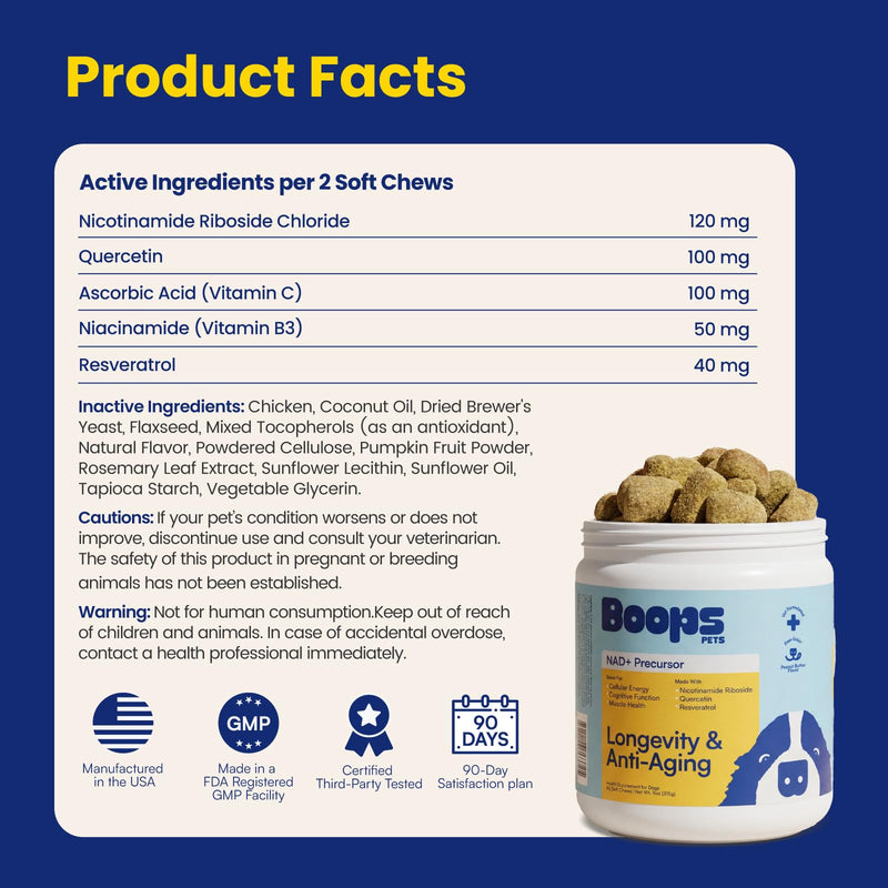 NAD+ Precursor & Senior Dog Supplement - 90 Soft Chews - NMN Alternative for Longevity & Healthy Aging - Nicotinamide Riboside, Resveratrol, Quercetin, Made with Pasture-Raised Chicken Peanut Butter & Chicken